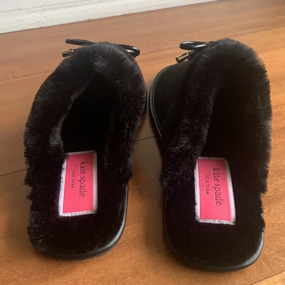 Kate Spade Lacey Textile Faux Fur Slippers Black 7B (US) 37.5 (EU)